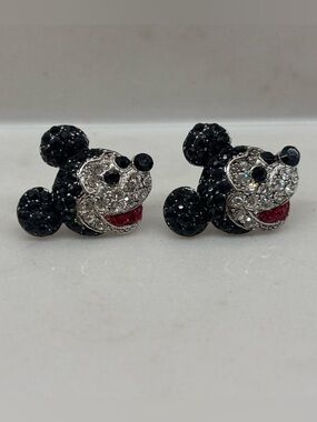 New Disney Mickey Mouse Rhinestone Stud Earrings Black Red Pave Rhinestones